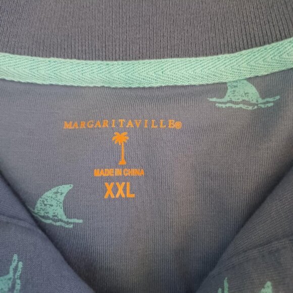 Margaritaville XXL Polo Blue Shark Fin Allover Print Tropical Beach Golf Shirt - Picture 2 of 6